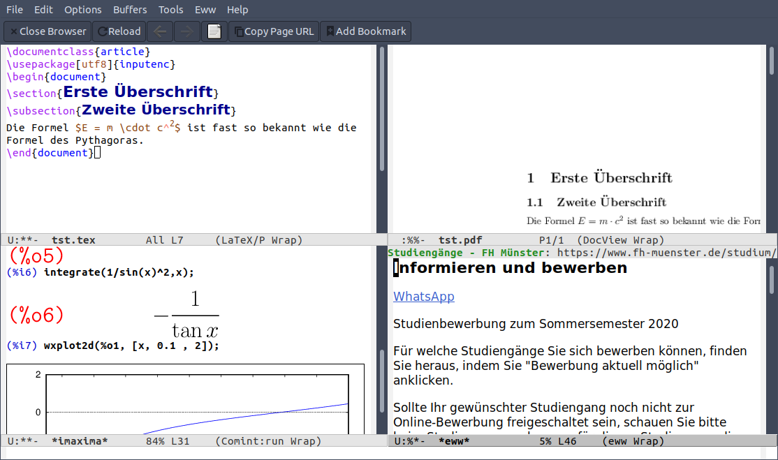 Screenshot mit vier Frames die ein LaTeX Dokument, ein PDF Dokument, eine interaktive Maxima Session und eine Webseite zeigen.