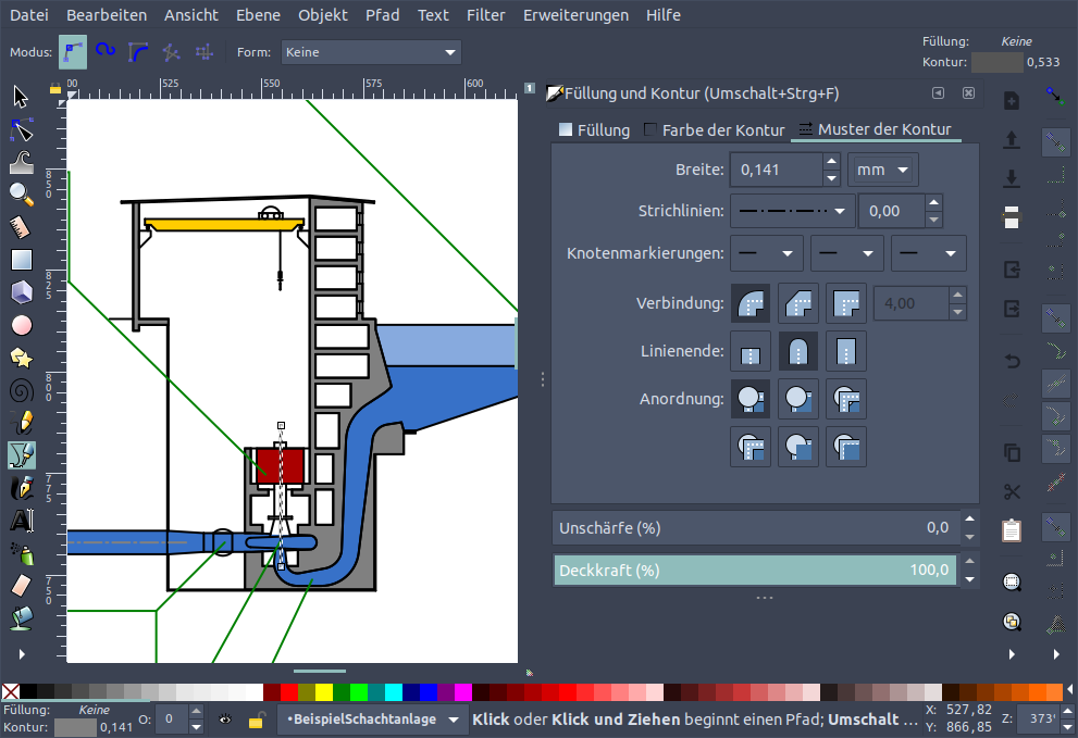 Inkscape Oberfläche mit farbiger Schnittzeichnung eines Wasserkraftwerks.