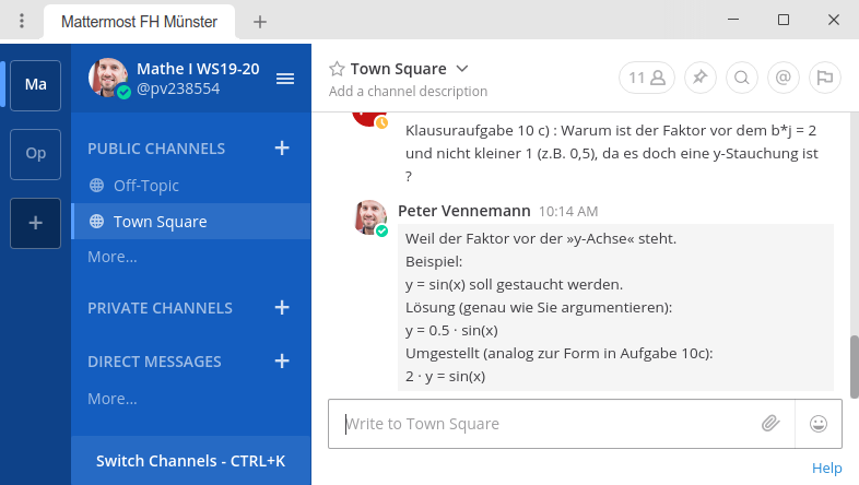 Massenger Fenster mit Frage Antwort Dialog im Modul Mathematik.